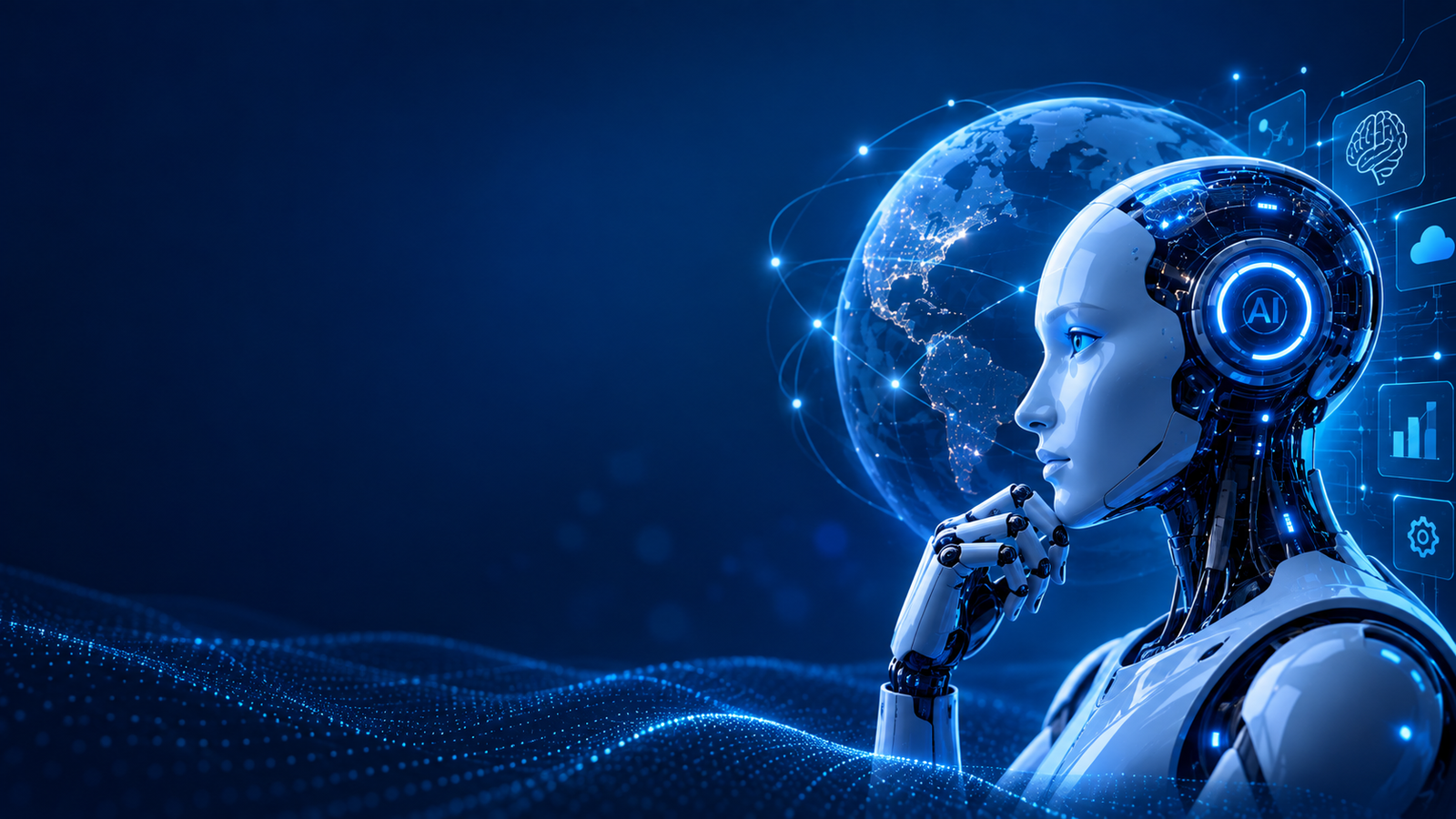 AI robot looking at a connected global network, representing AI-powered software built for businesses worldwide